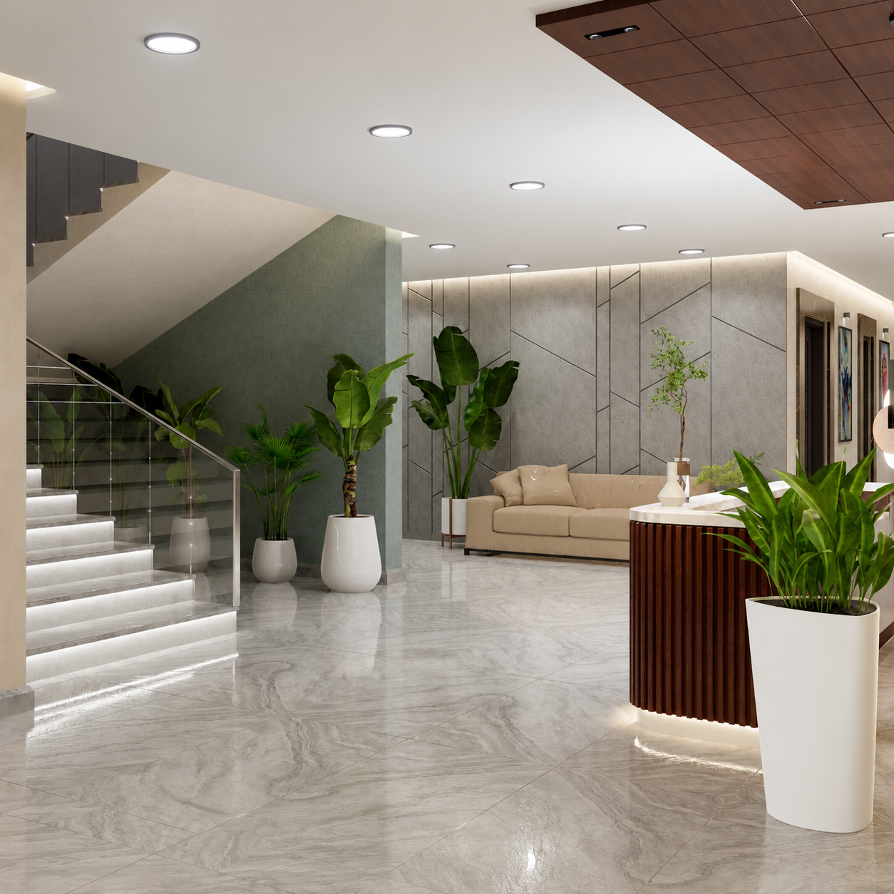 Shri Sadhna Dham stair lobby and reception area